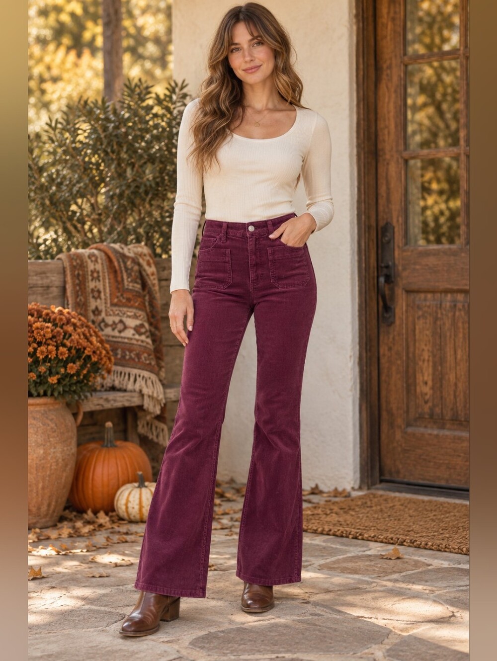 Pilcro Corduroy Flare Pants 29P Burgundy 70s Retro Boho Western Fall Festival